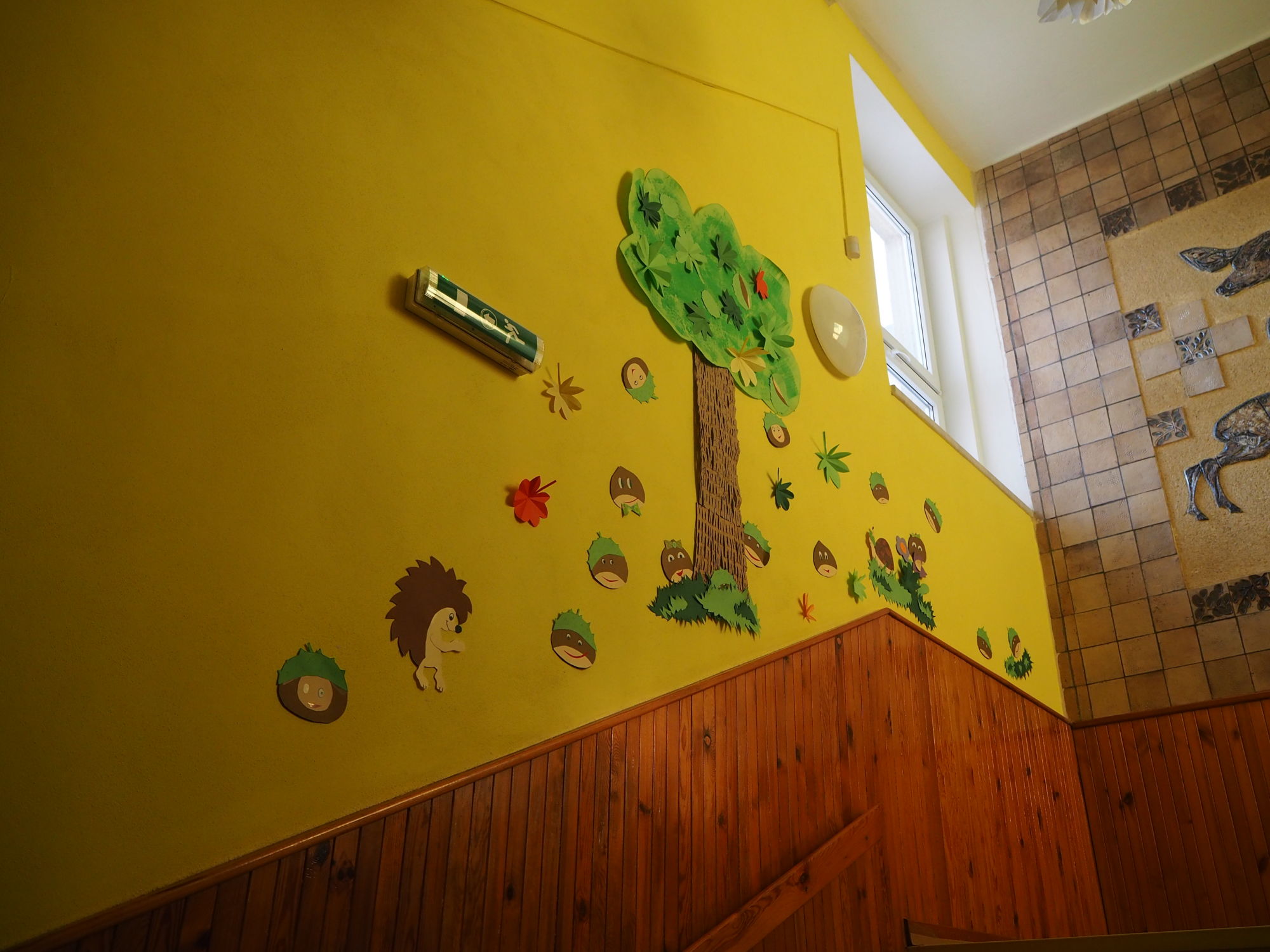 Schody do prvního patra - na stěně je umístěn strom a pod ním obrázky kaštanů.